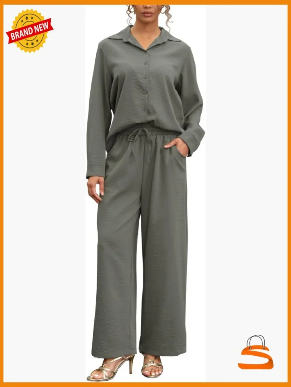 Women's Linen 2 Piece Lounge Set Button Down Shirt Wide Leg Pants Pockets